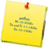 geöffnet: Mi 15-20Uhr Do und Fr 11-18Uhr Sa 10-13Uhr